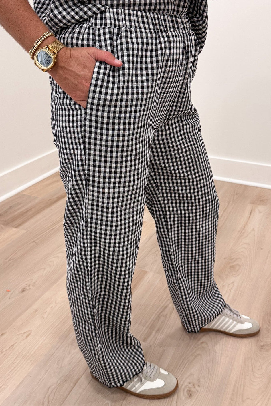 black and white gingham checkered print scalloped trim top and front pocket pants matching set