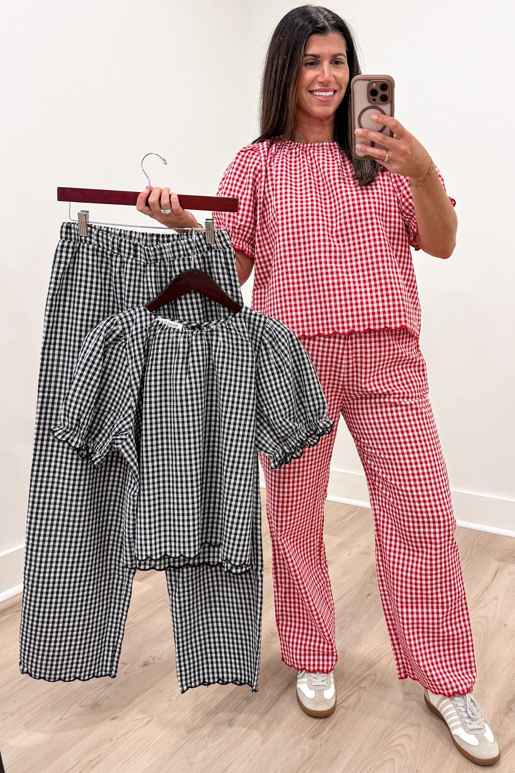 black and white gingham checkered print scalloped trim top and pants linen like fabric matching set