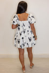 white black floral bow bubble hem dress
