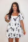 white black floral bow bubble hem dress