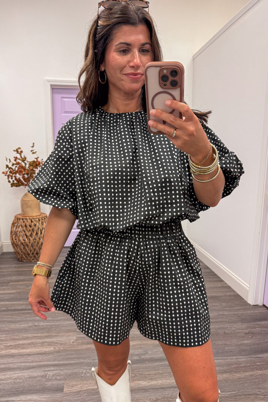black and white polka dot print puff sleeve bubble hem cotton poplin top