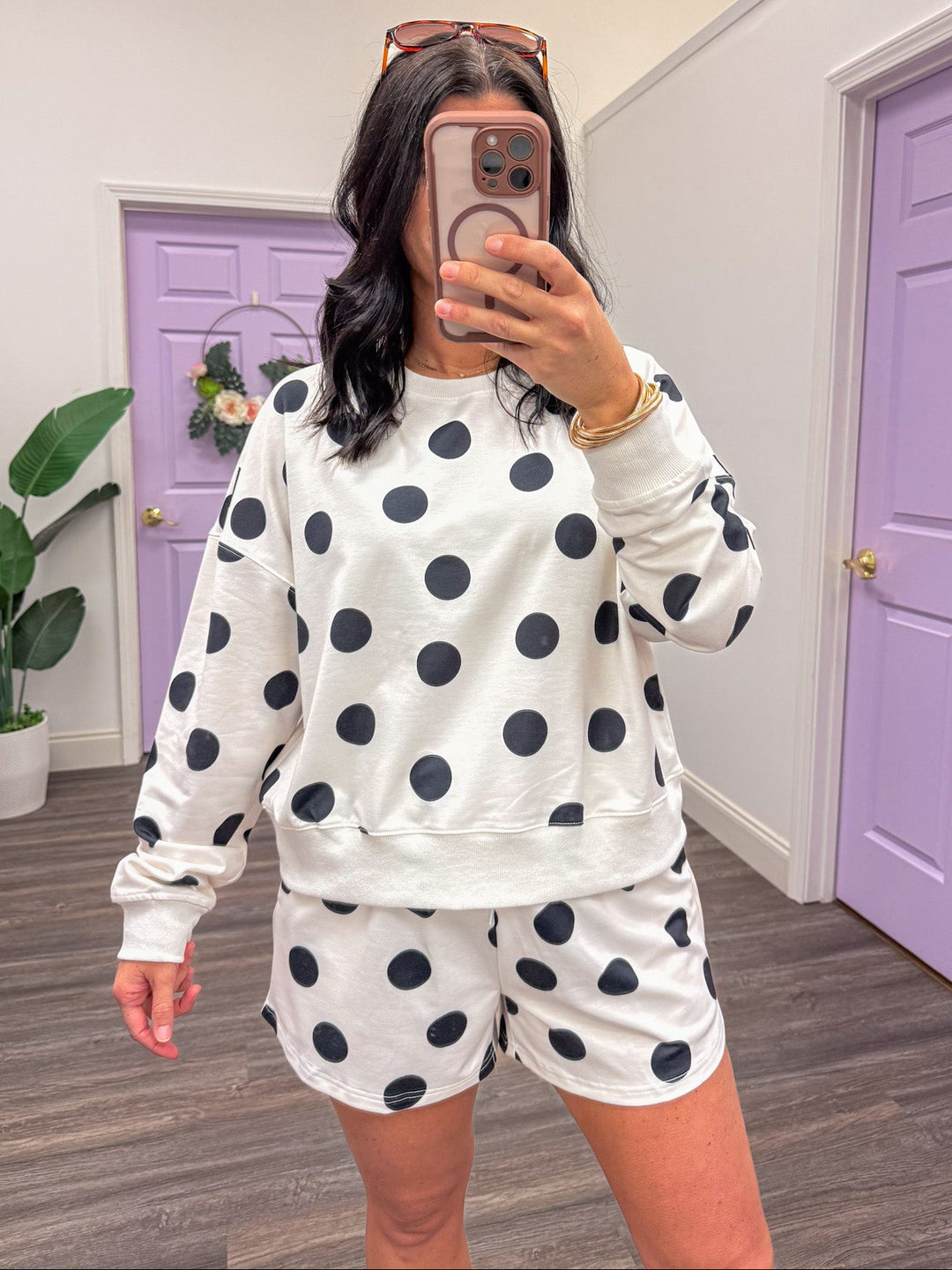ivory black polka dot detail comfy long-sleeve lounge shorts set