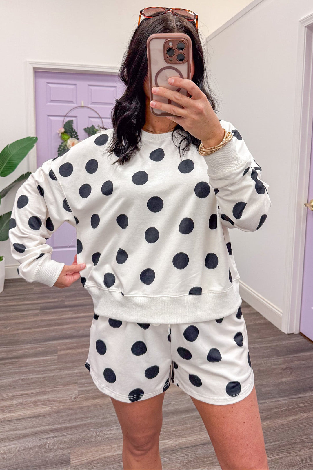 ivory black polka dot detail comfy crewneck lounge shorts set