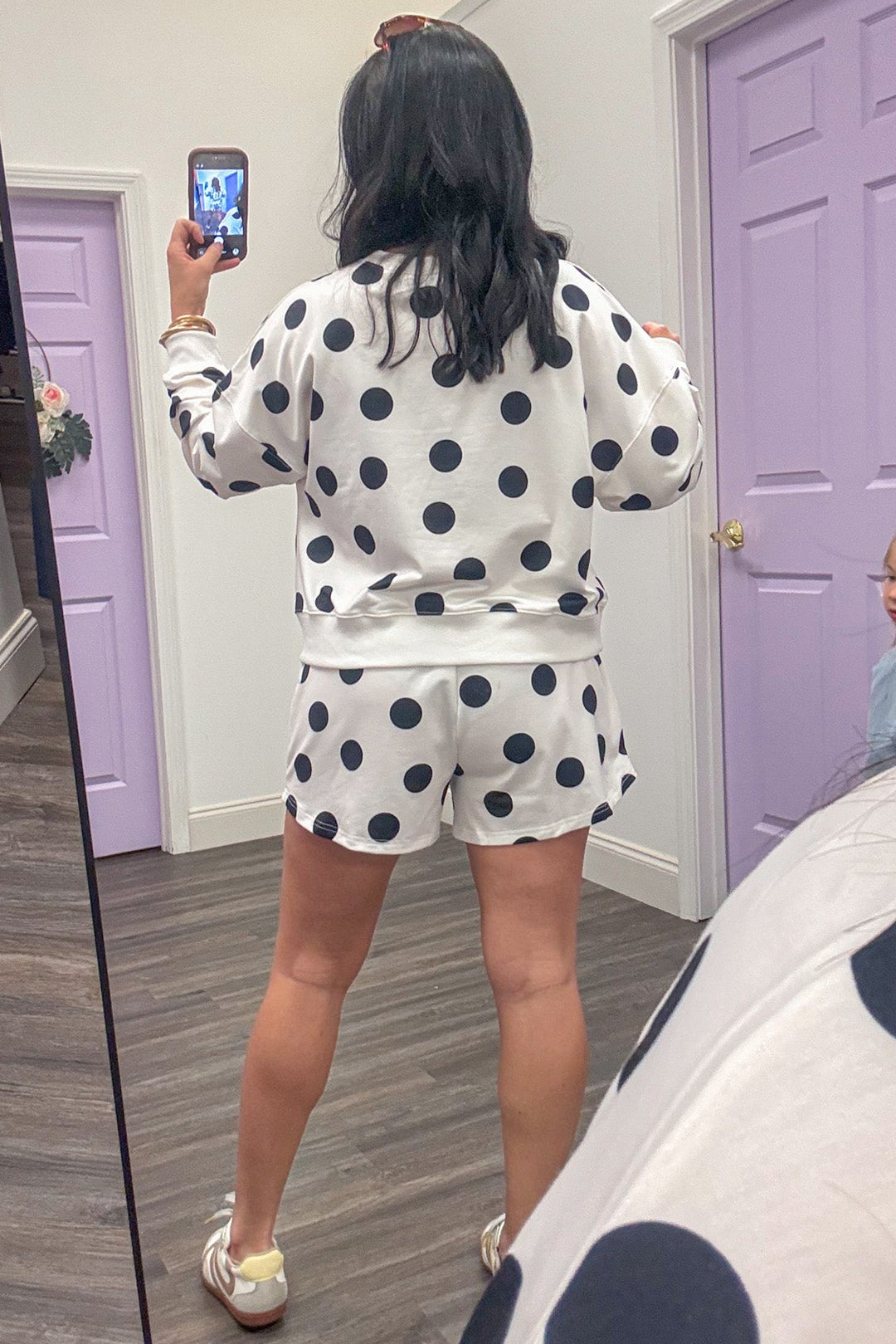 ivory black polka dot detail comfy lounge shorts set back view