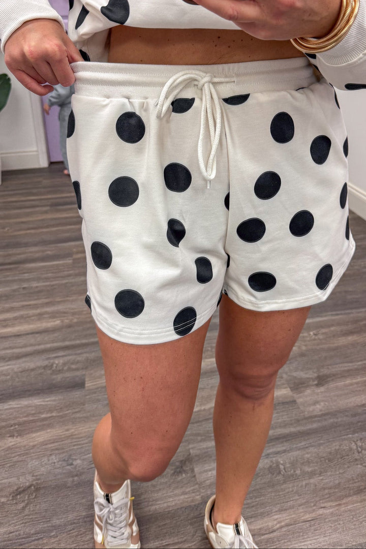ivory black polka dot detail drawstring elastic band shorts set