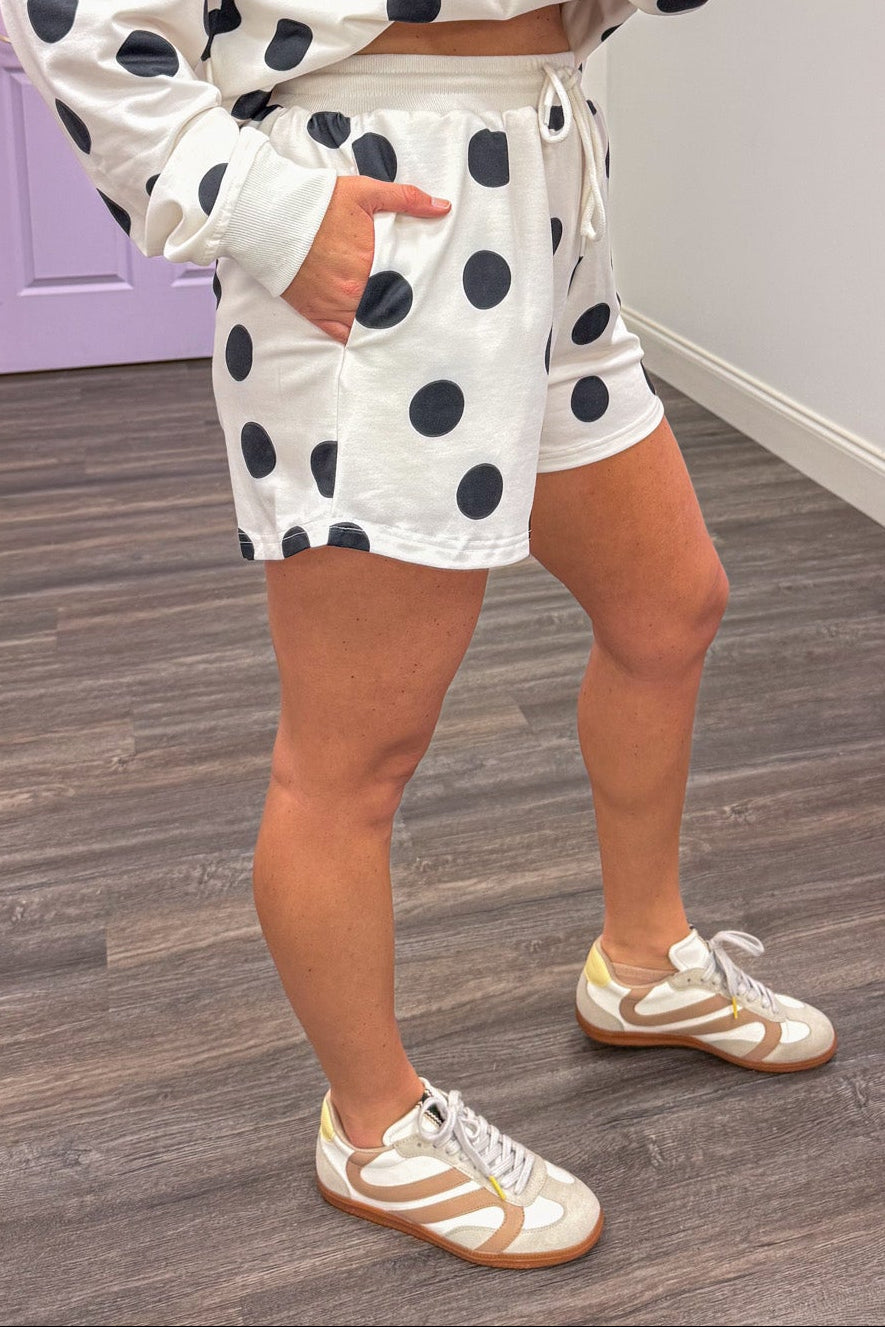 white black polka dot detail comfy lounge shorts set silhouette