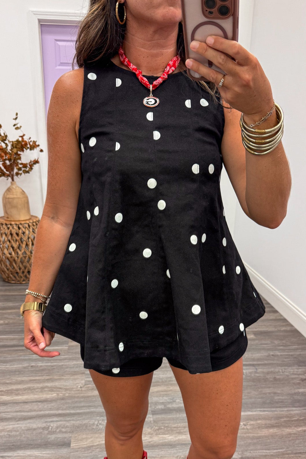 retro black with white polka dot print sleeveless crew neckline denim top