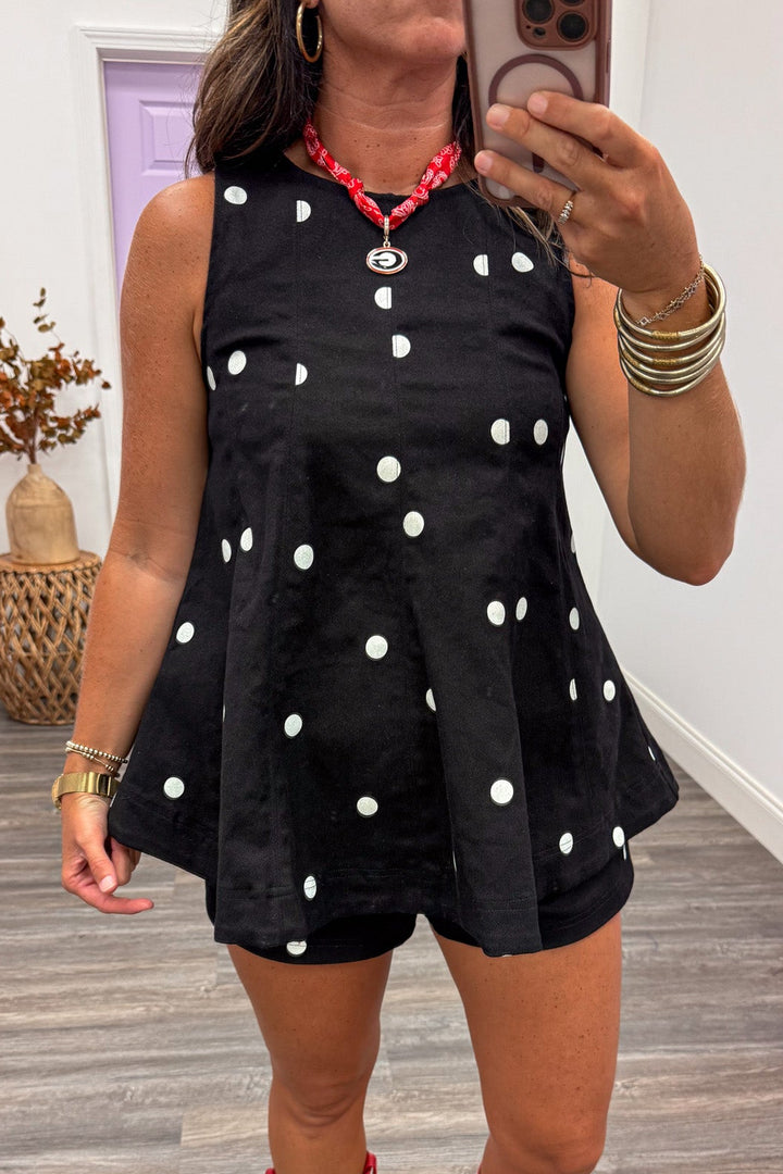 retro black with white polka dot print sleeveless crew neckline denim top