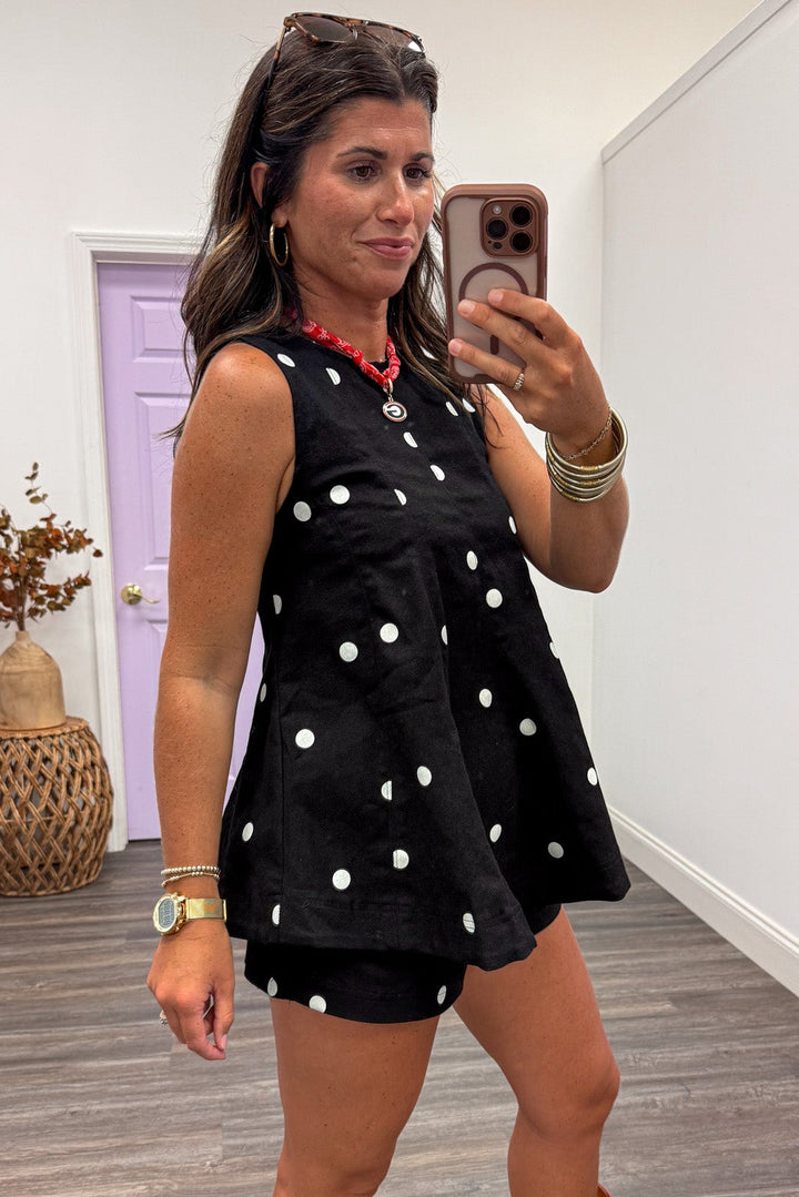 black with white polka dot print sleeveless crewneck denim top