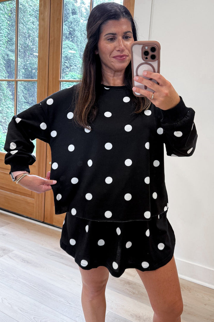 black with white polka dot print relaxed fit top and skort matching terry cotton knit set