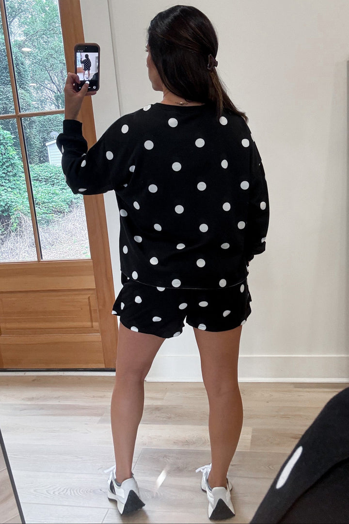 black with white polka dot print top and skort matching soft terry cotton knit set
