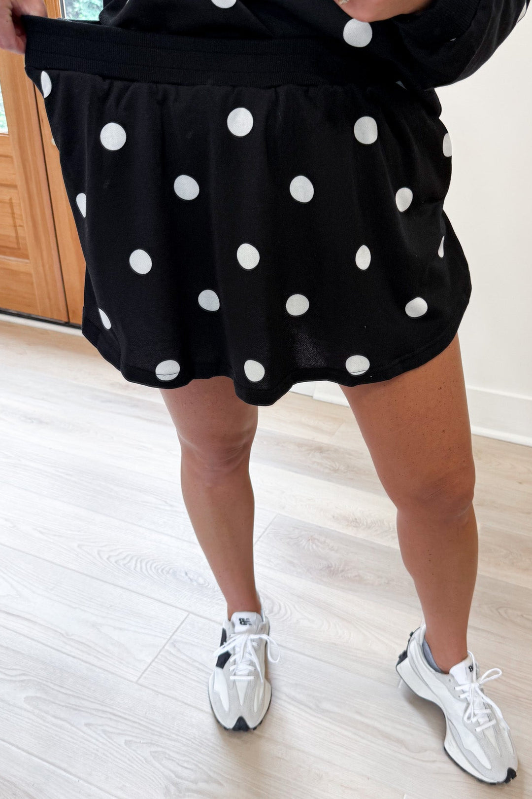 black with white polka dot print top and elastic waist skort matching terry cotton knit set