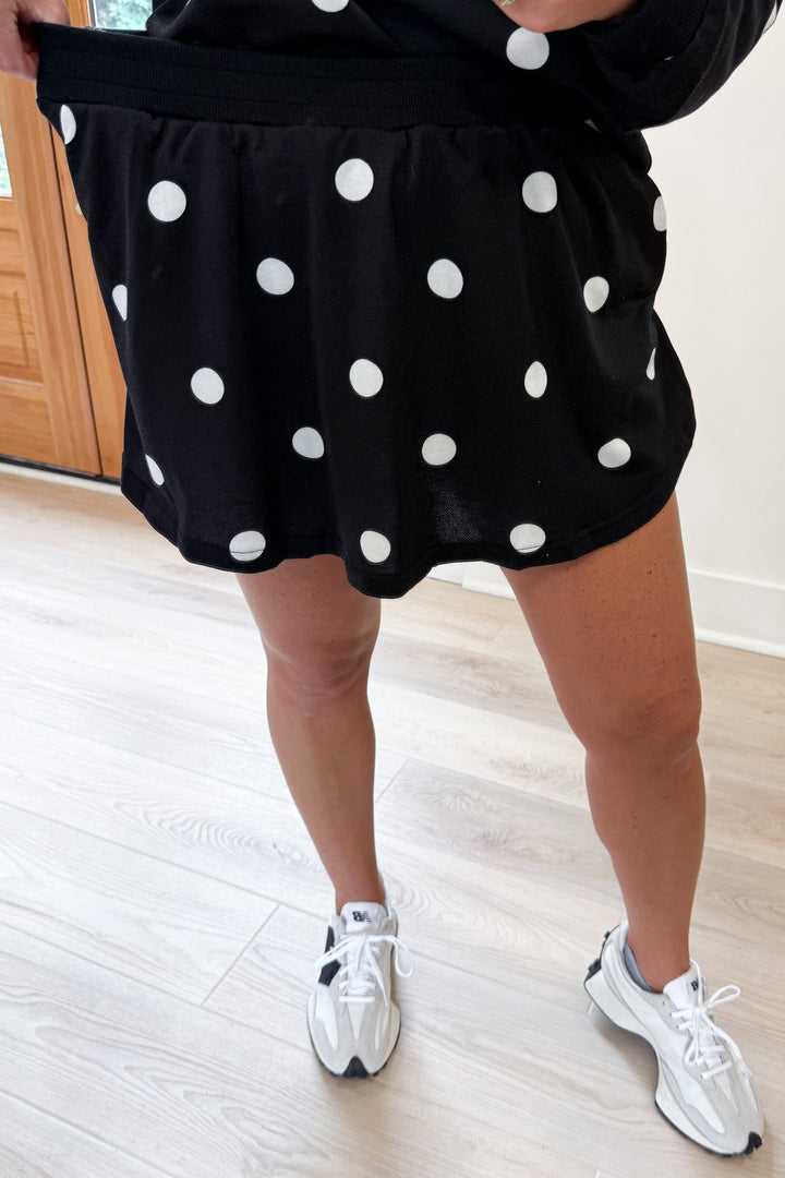 black with white polka dot print top and elastic waist skort matching terry cotton knit set
