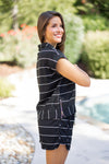 black white striped comfy cute shorts set