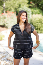 black white striped comfy cute shorts set