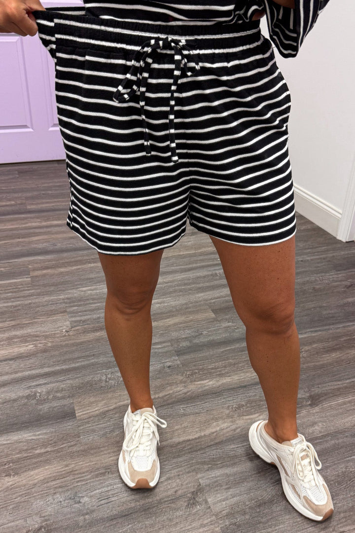black and white horizontal striped top and elastic waist shorts knit matching loungewear set