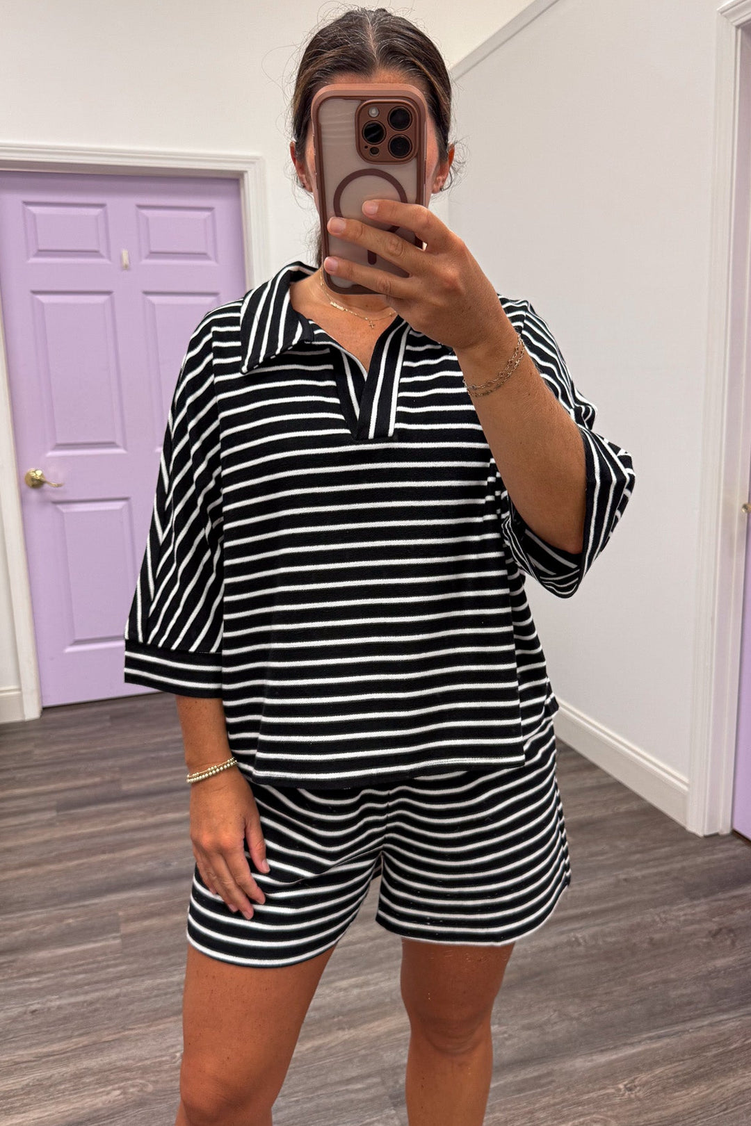 black and white horizontal striped collared neckline top and shorts knit matching loungewear set