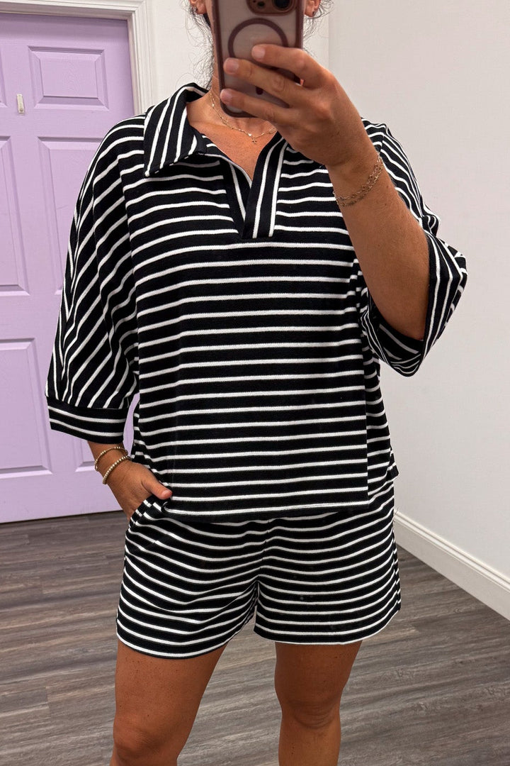 black and white horizontal striped v neckline top and shorts knit matching loungewear set