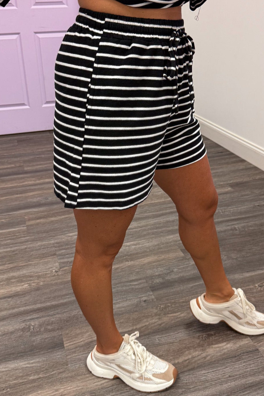 black and white horizontal striped top and front pocket shorts knit matching loungewear set