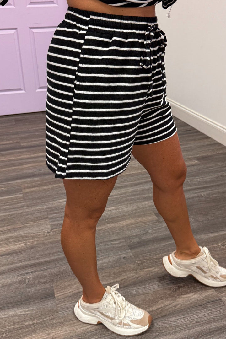black and white horizontal striped top and front pocket shorts knit matching loungewear set