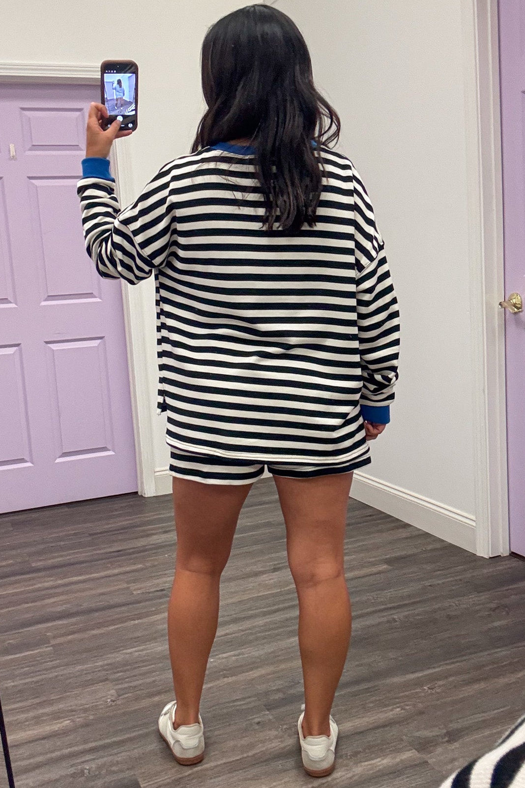 black and white striped with blue ribbed trim pullover and shorts matching knit set