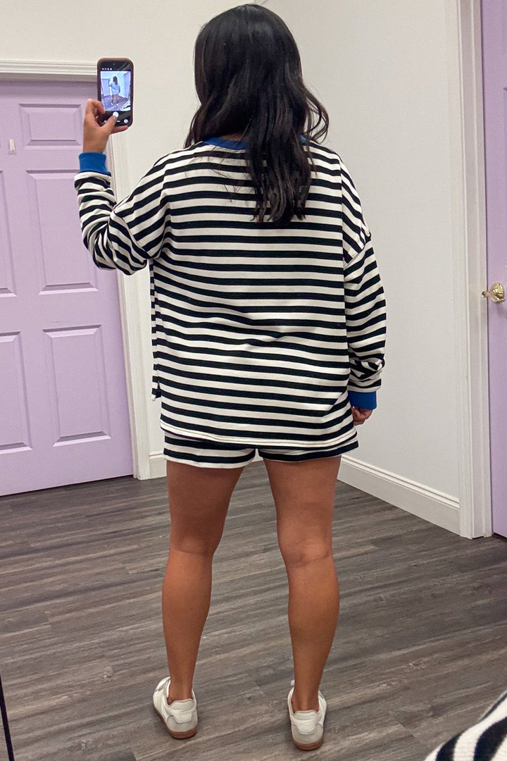 black and white striped with blue ribbed trim pullover and shorts matching knit set