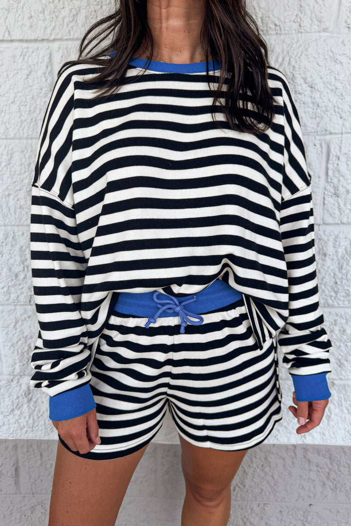 black and white striped with blue trim mock neck pullover and shorts matching knit set
