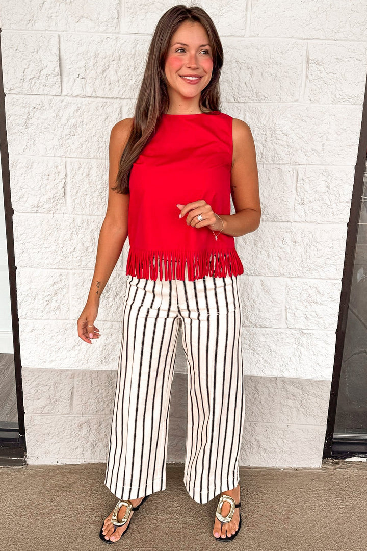 cream and black vertical striped wide leg cropped lightweight denim pants