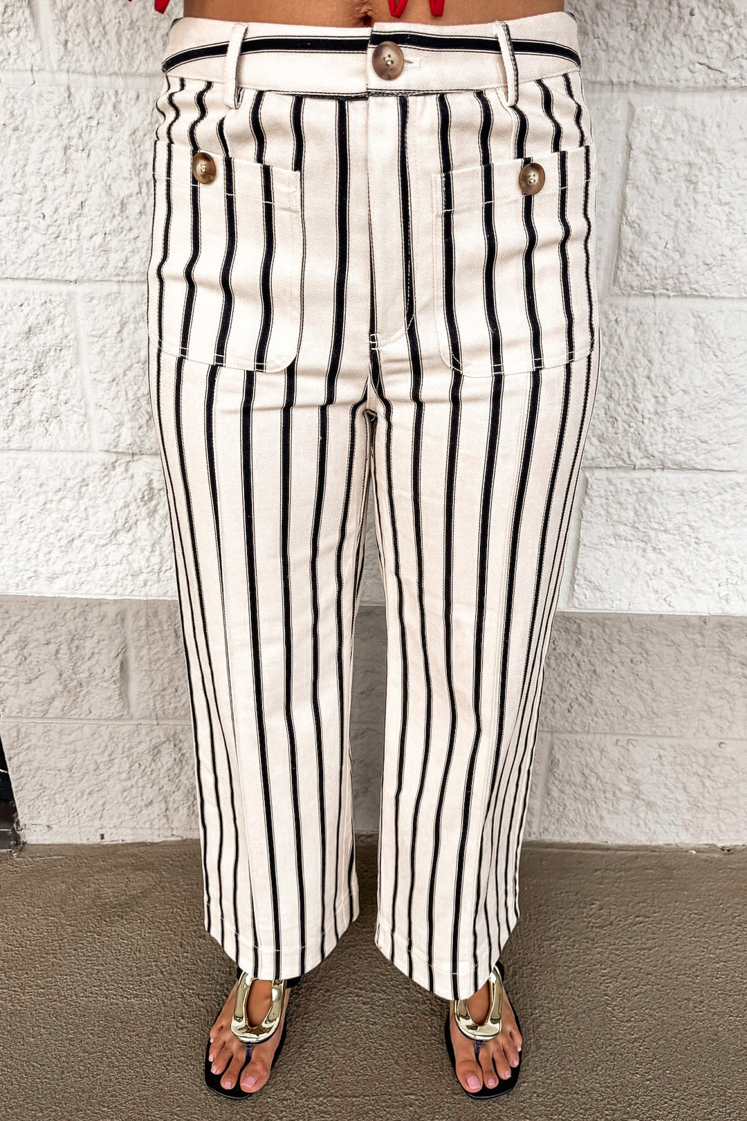 cream and black vertical striped wide leg cropped denim pants with front patch pockets