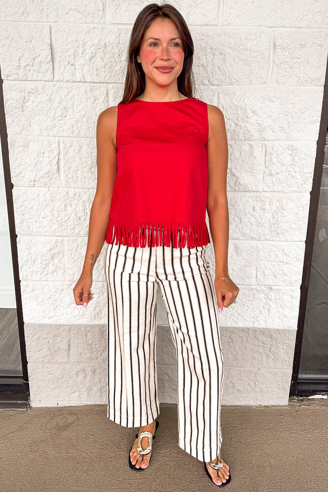 cream and black vertical striped wide leg cropped denim pants
