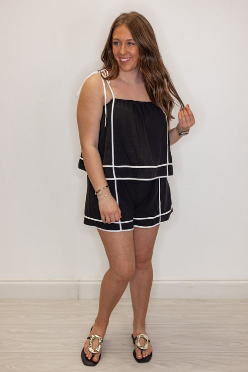 black cotton linen blend contrast romper