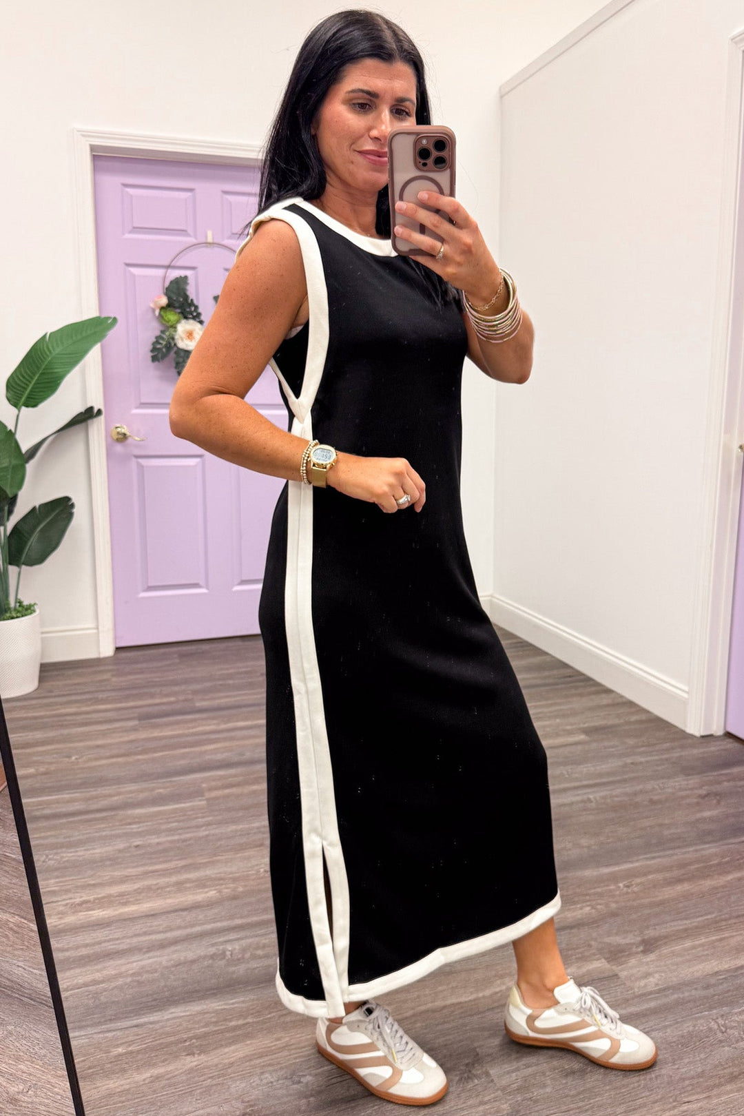 cream trim sleeveless scuba knit black midi dress side slits