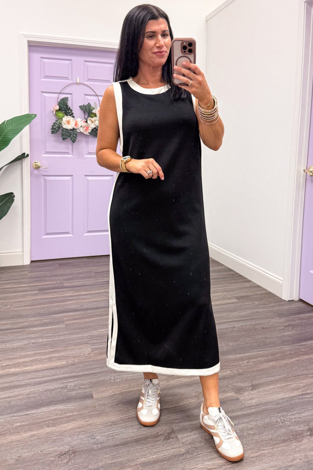 cream trim sleeveless scuba knit black midi dress