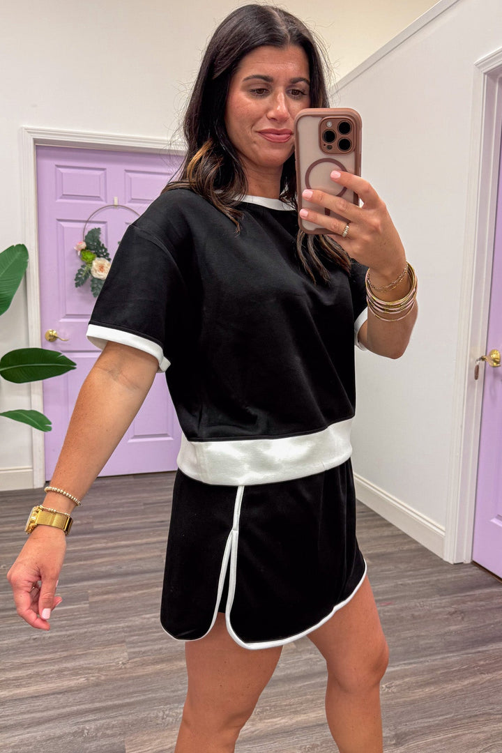 black with white trim details drop shoulder short sleeve loungewear knit top