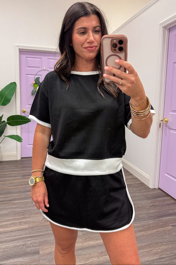 black with white trim details short sleeve loungewear knit top