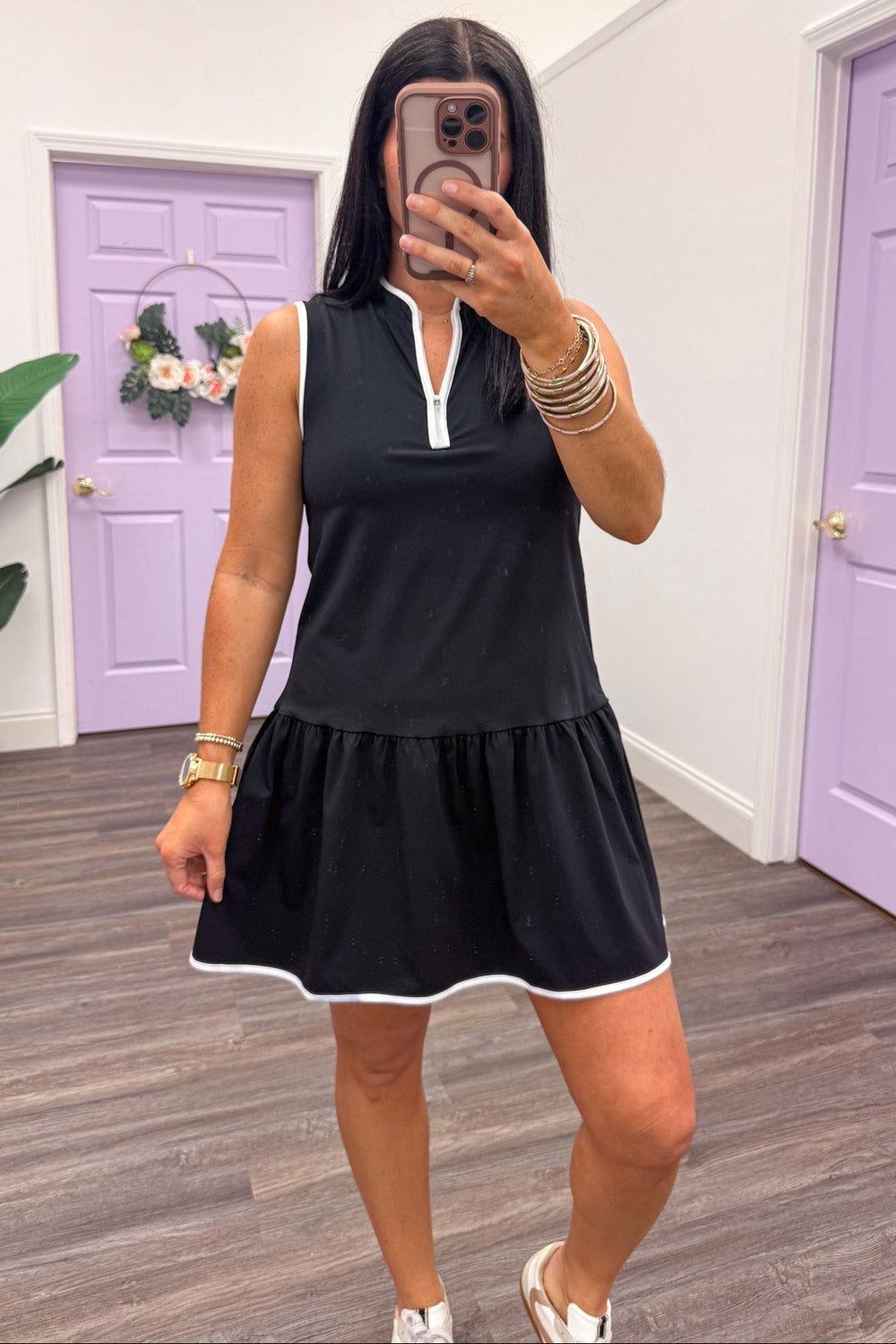 white trim detail sleeveless tiered ruffle black tennis dress