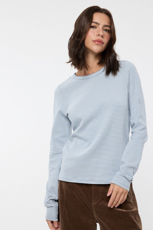 Women's blue and white striped knit long sleeve top by Wishlist
