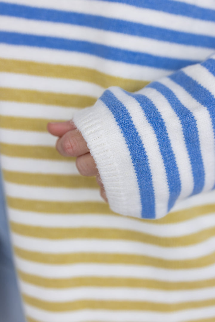 Women's blue, taupe, pink, olive and cream striped colorblock open front cardigan by Hyfve showing knit detail