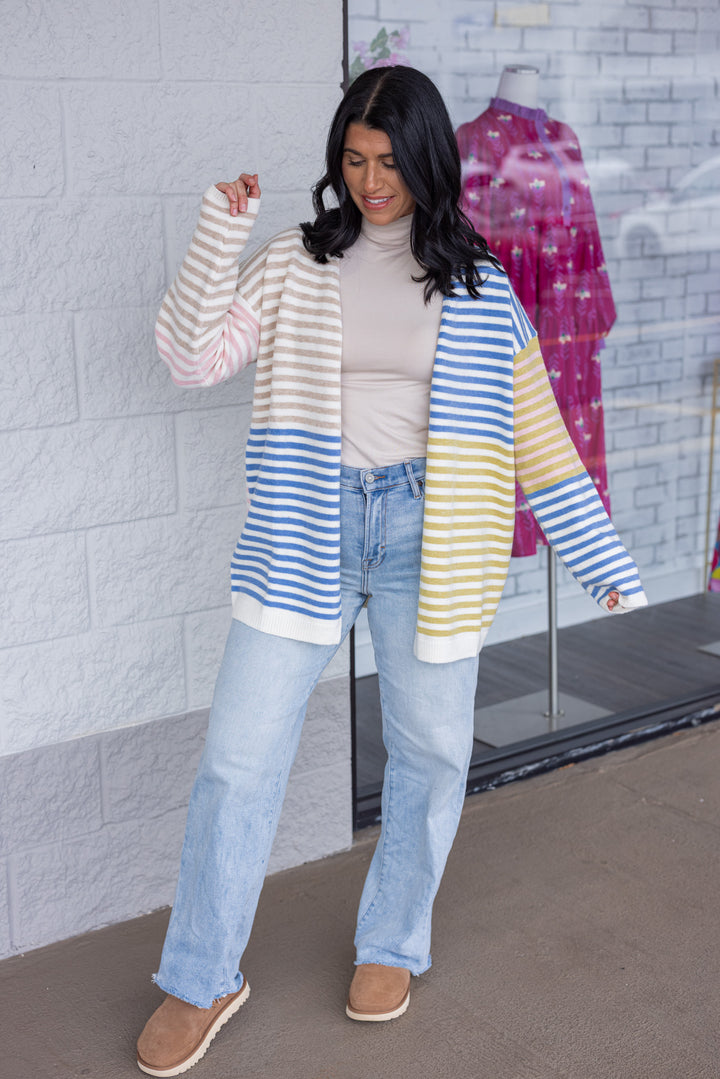 Women's trendy blue, taupe, pink, olive and cream striped colorblock open front knit cardigan by Hyfve