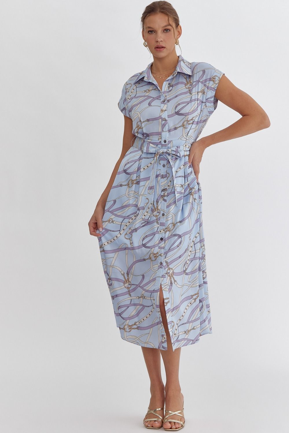 Entro Blue button down midi dress in belt print satin with self tie at waist