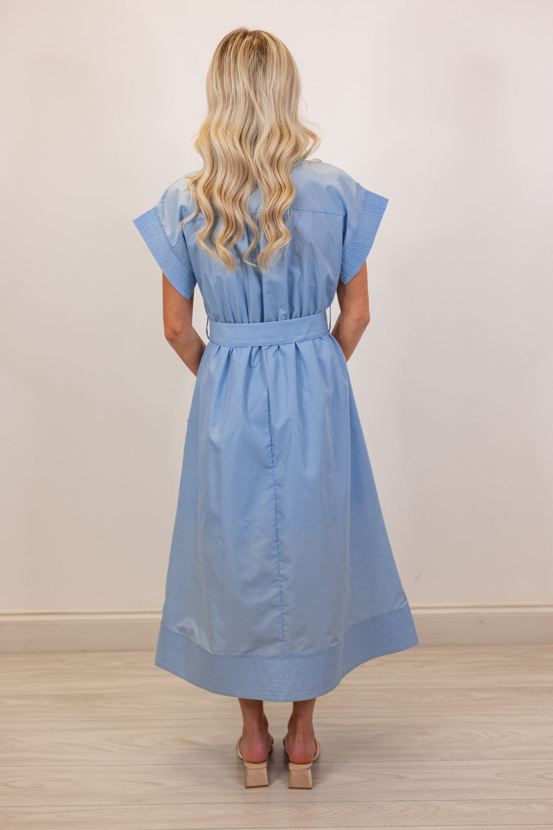 blue belted linen midi dress