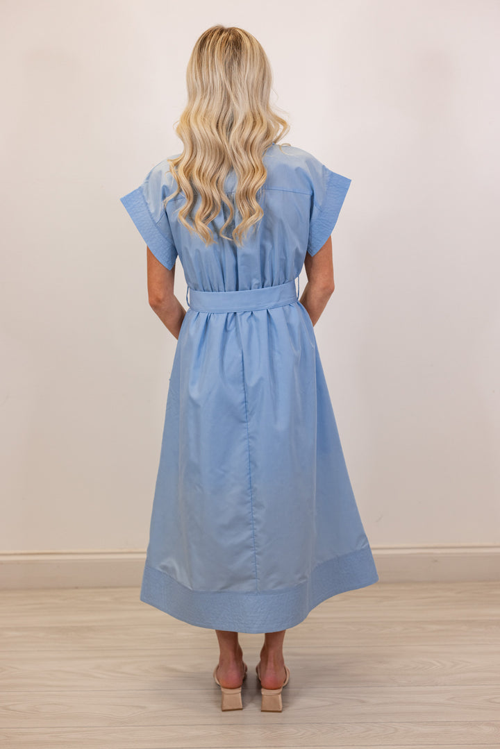blue belted linen midi dress