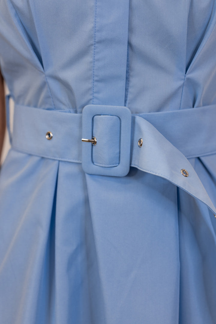 blue belted linen midi dress