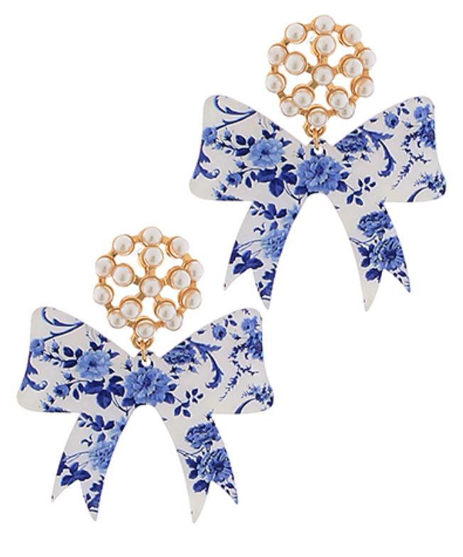BOW blue cream pearl earrings