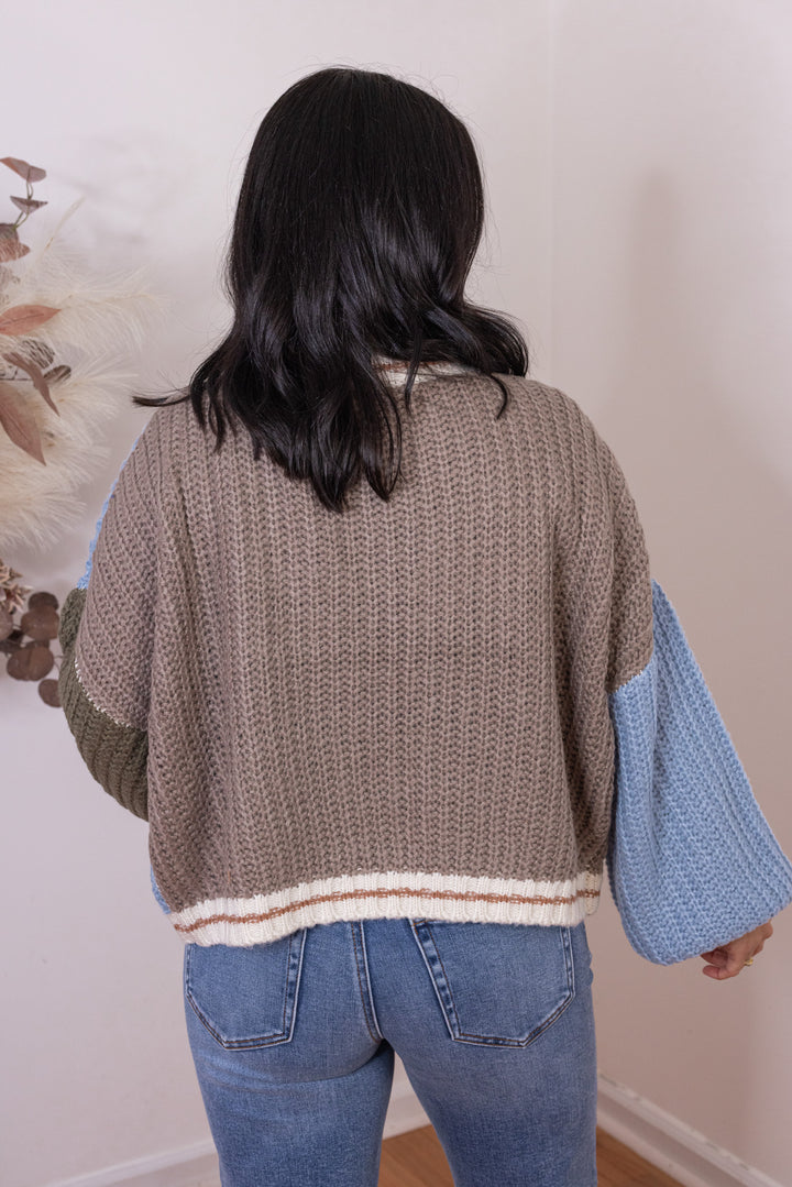 Women's mocha, light blue and olive colorblock open front sweater knit cardigan by Hyfve showing up close back view