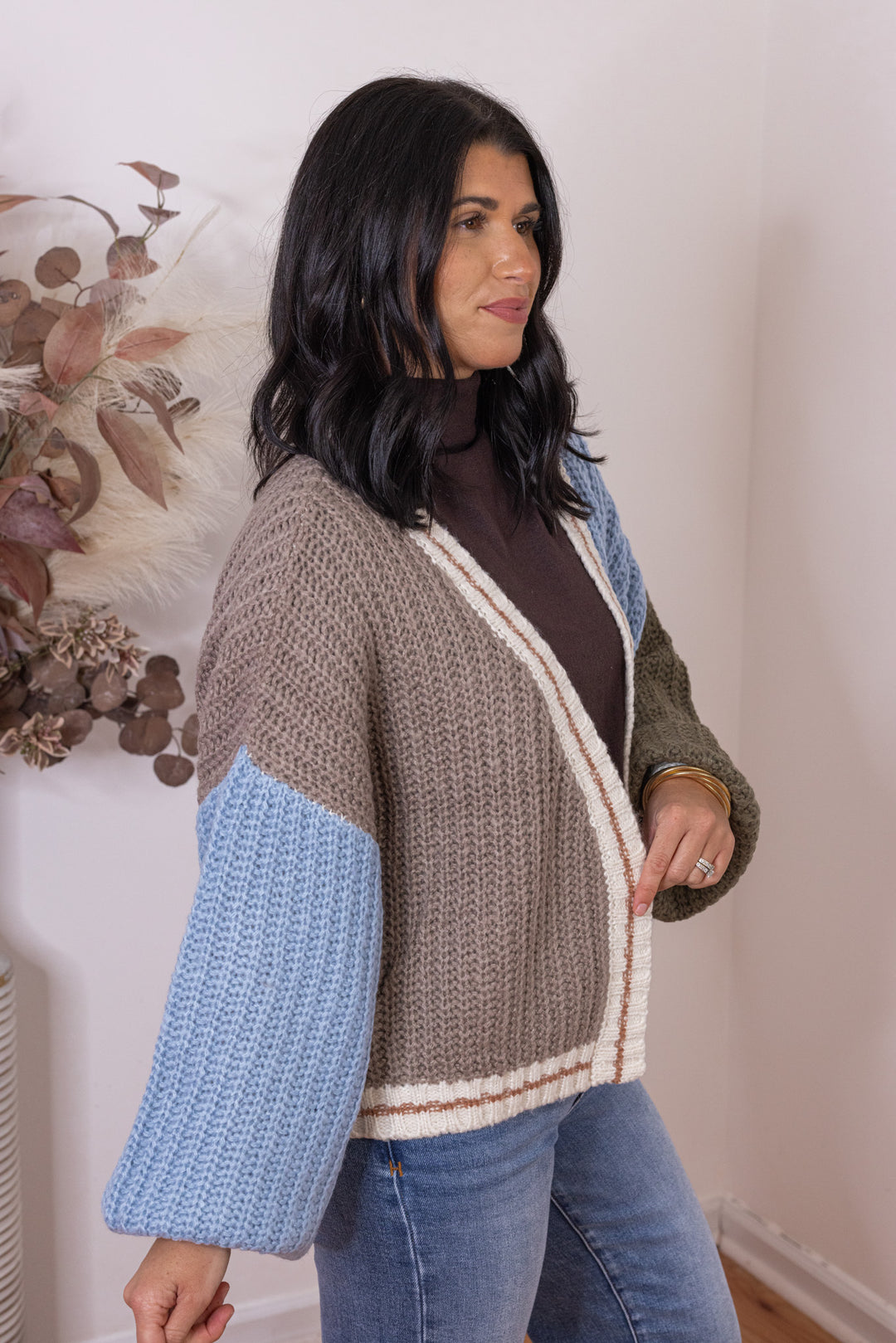Women's mocha, light blue and olive colorblock open front sweater knit cardigan by Hyfve showing up close side view