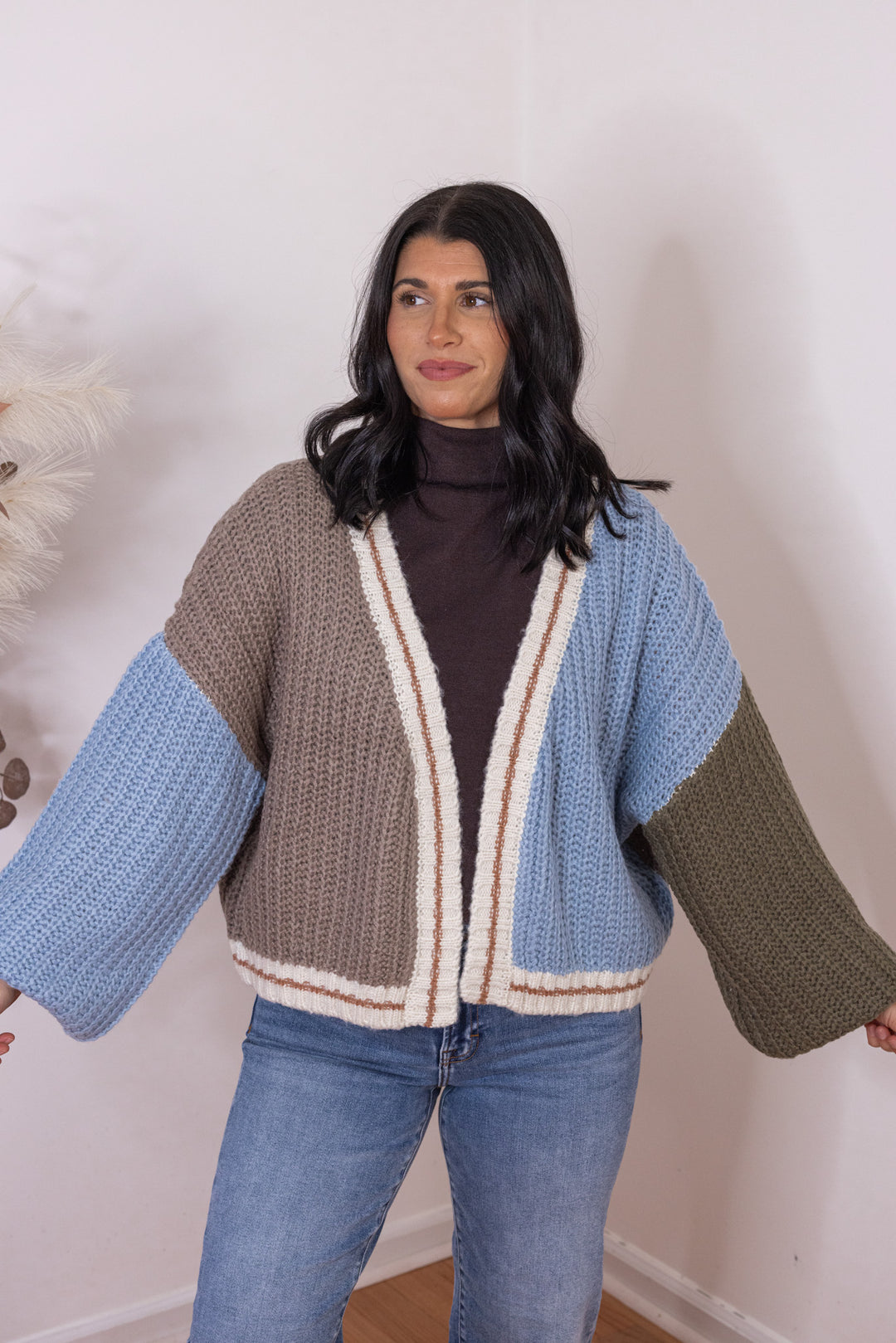 Women's mocha, light blue and olive colorblock open front sweater knit cardigan by Hyfve showing balloon sleeves