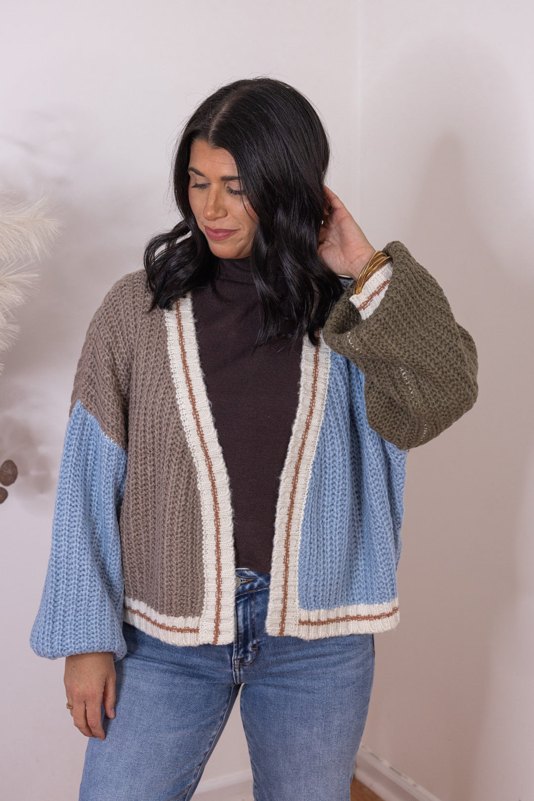 Women's mocha, light blue and olive colorblock open front sweater knit cardigan by Hyfve