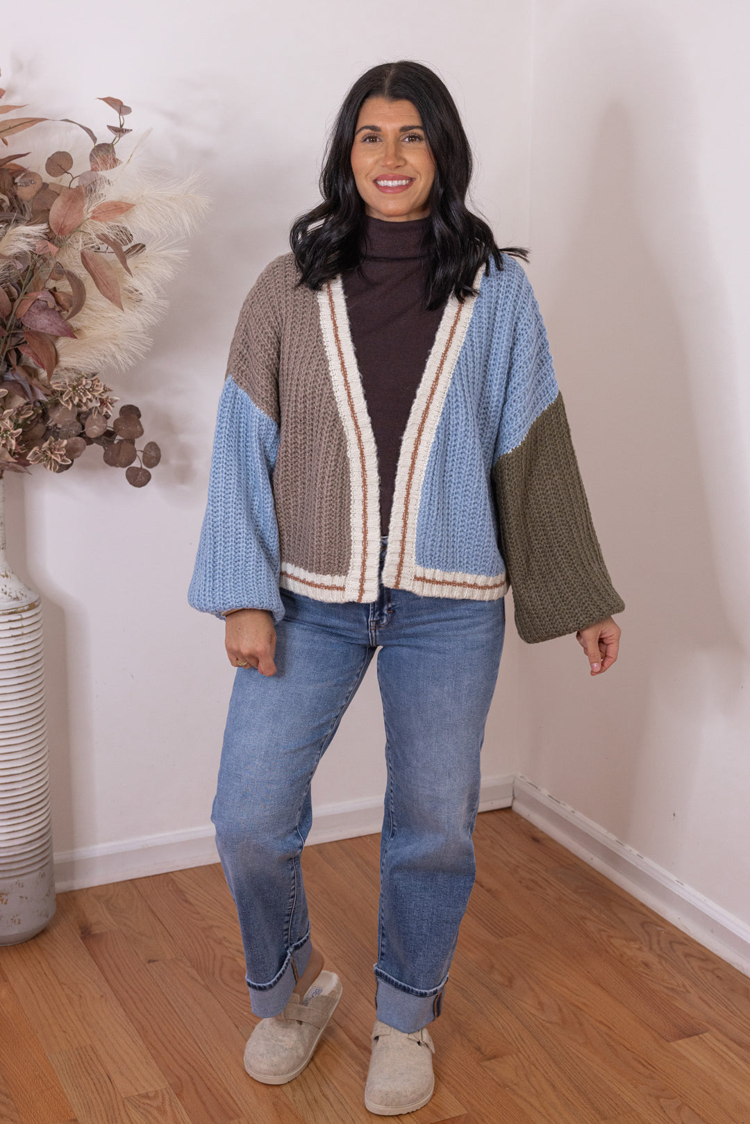 Women's mocha, light blue and olive colorblock open front sweater knit cardigan by Hyfve showing full front view