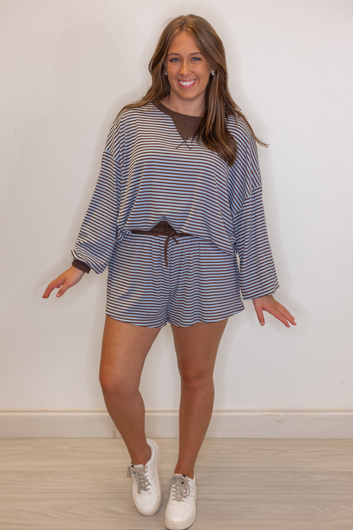 Womens trendy light blue and brown striped knit top with contrasting terry knit trim by BucketList